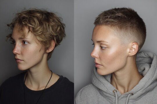 Young person portraying a before and after hair transformation, cutting curly hair to a buzz cut