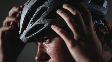 Cyclist adjusting helmet and sunglasses for protection