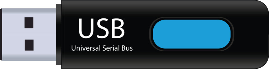 USB Flash Drive Clipart &ndash; Black and Blue Data Storage Device with Silver Connector and Label on Gray Background
