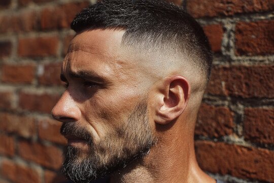 Man with a modern fade haircut and beard standing by a brick wall