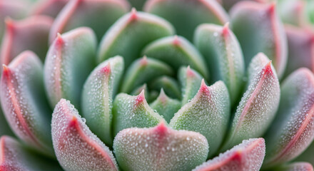 An extreme macro close-up of an Echeveria succulent. Focus on the intricate geometry of the leaves and the soft, powdery farina coating. Tiny droplets of morning dew resting on the edges .