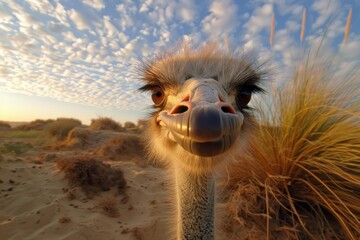 Close up of an ostrich posing in a desert environment with a beautiful sunset and cloudy sky