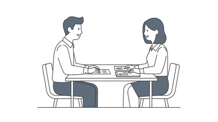 Professional Man and Woman Collaborating and Working Together at a Desk in a Meeting (Line Art)