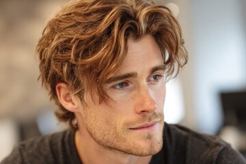 Obraz premium Young man with blonde wavy hair and stubble looking pensive