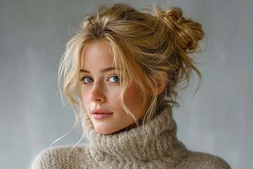 Young woman wearing a warm turtleneck sweater with a messy bun looking at the viewer