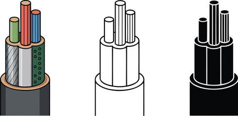 Electrical cable silhouette & Outline and illustration set isolated on transparent background