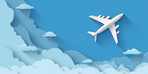 Paper-cut style illustration of airplane in a blue sky with layered clouds
