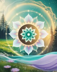 Beautiful sacred mandala surrounded by nature, colorful background