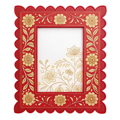 Red baroque style photo frame with golden floral embossing and decorative scrollwork art