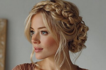 Blonde woman featuring an elegant braided updo hairstyle with natural makeup