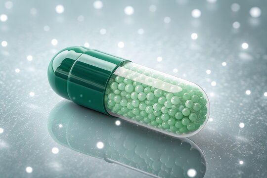 Green Pharmaceutical Capsule Pill with Micro-Granules on Shimmering Bokeh Background
Generative Ai.