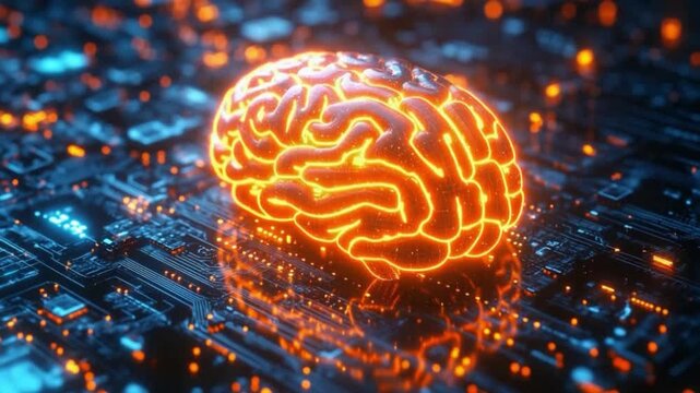 Brain on Circuitry: An illuminated brain is embedded within a high-tech circuit board, which conveys the intricate processes of artificial intelligence
