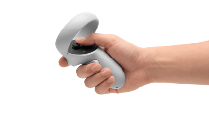 Male hand holding white virtual reality game controller using joystick isolated on transparent background