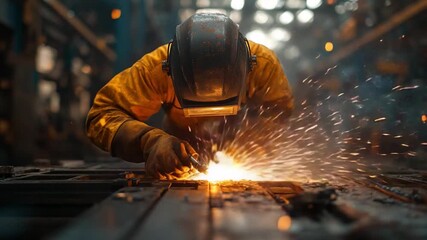 Welder at Work: A skilled welder, protected by a helmet and protective gear, expertly fuses metal, creating a brilliant display of sparks, while showcasing dedication in the industry.