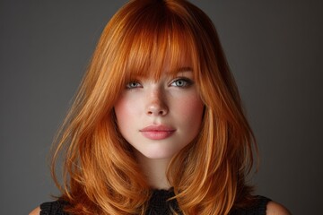 Naklejka premium Redhead woman looking at camera with striking blue eyes and freckles