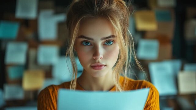 Intense Study: A determined woman meticulously examines a document, her gaze fixed with unwavering focus and a hint of pensive thought, set against a backdrop of notes and ideas.