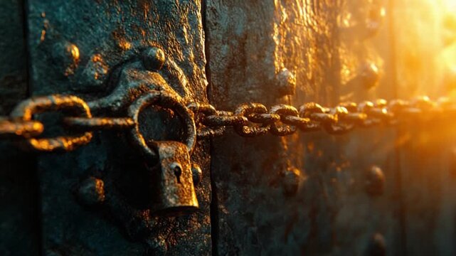 The Locked Door: An intriguing composition of an aged and weathered door, securely fastened with a sturdy chain and padlock, hints at secrets held within. This image evokes mystery and anticipation.