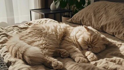 Peaceful Slumber Adorable Persian Cat Napping Comfortably On A Cozy Bed With Natural Light