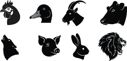 Silhouette of various animal heads in black and white