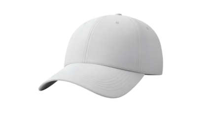 A 3D render of a simple, blank white baseball cap, isolated against a dark background, showcasing its shape