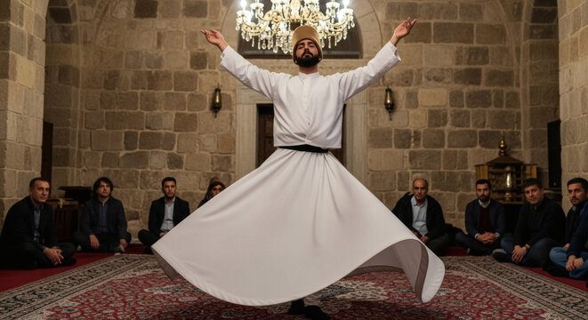A whirling dervish performs the Sema ceremony in a historic stone building, surrounded by seated observers, showcasing a spiritual Sufi ritual.