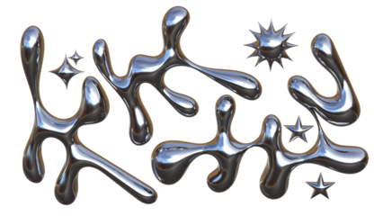 3D Chrome Liquid Fluid Abstract Metallic Shapes with Star Elements on Transparent Background for Futuristic Brutalist Modern Illustration