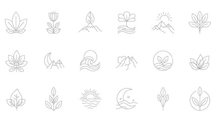Minimalist Nature and Wellness Icons Leaves Mountains Waves Sun Moon Flowers