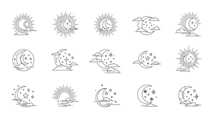 Obraz premium Celestial Icons Set Sun Moon Clouds and Stars Outline Elements