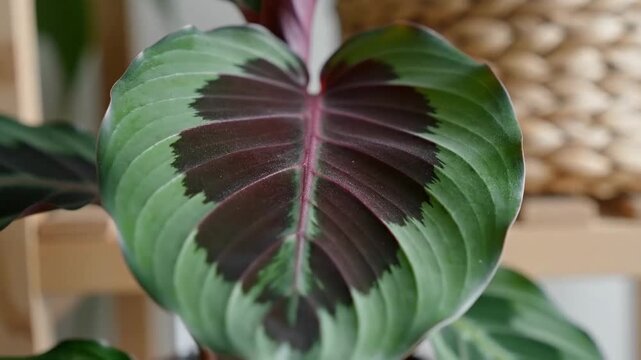 Prayer Plant Leaf Close Up Displaying Unique Markings and Vibrant Green Leaf Color