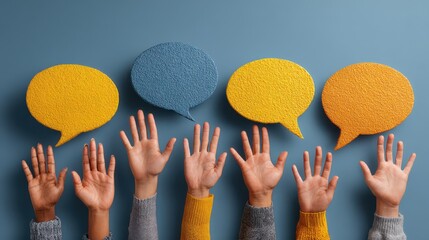 Communication and interaction concept, hands raised with a speech bubble, symbolizing participation, expression, questions, or dialogue.