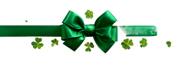 A vibrant green ribbon bow surrounded by delicate four leaf clovers