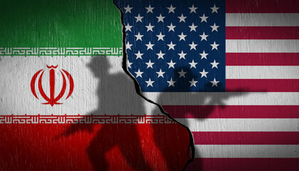 National flags of USA and Iran on a cracked stone wall with soldier silhouettes. Concept of Middle...