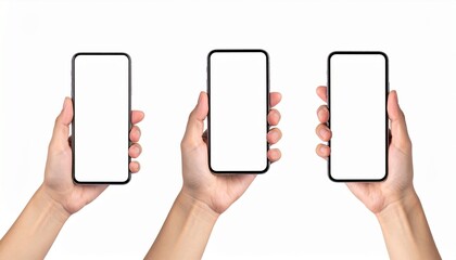 Multiple hands holding modern smartphones with clean blank white screens, ideal for displaying new apps, digital content, or mockups in a technology-focused context