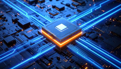 Abstract Futuristic Microchip Circuit Board with Glowing Blue Energy Lines
