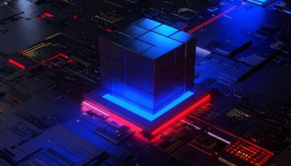 Abstract visualization of a powerful digital core on an intricate circuit board, highlighted with glowing blue and red lines, representing advanced computing and future technology
