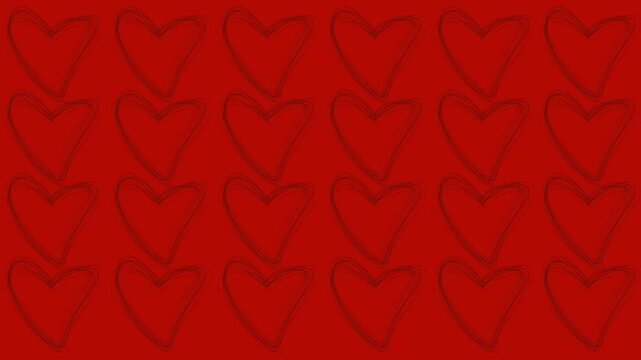 Hand drawn black hearts pattern looped animation on red background. Sketchy black hearts. For Valentine's Day promotions, romantic video projects, wedding backgrounds, social media stories.