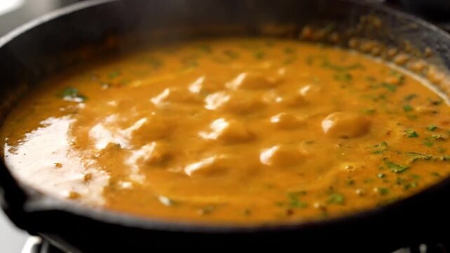 Rich Creamy Indian Curry Bubbling in Cast Iron Pan