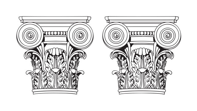 Vector illustration of two Corinthian column capitals with elaborate floral and scroll decorations, highlighting the beauty of classical architecture..