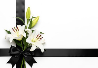Elegant white lilies bouquet framed by black satin ribbon, ideal template for funeral programs, death announcements, and commemorative services