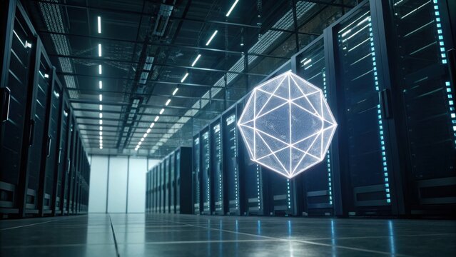 A futuristic data center featuring rows of servers and a glowing 3D geometric shape, suggesting advanced technology and digital innovation. - Powered by Adobe