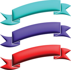 Set of 3 Elegant 3D Metallic Ribbon Banners in Teal Purple and Red, Modern Stylized Decorative Graphic Elements for Festive Branding and Interface Design Isolated on Transparent Background AI Generati