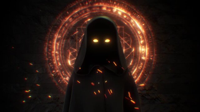 A mysterious hooded figure surrounded by glowing flames and embers, and stood in front of a stone wall with glowing mystical dark magic symbols.
