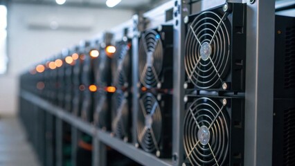 A row of computer servers with visible cooling fans, showcasing a tech environment focused on data processing or cryptocurrency mining.