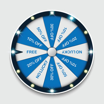 A blue and white prize wheel with various discounts and prizes