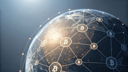 A digital illustration of a globe with interconnected Bitcoin symbols, representing global cryptocurrency networks and blockchain technology.