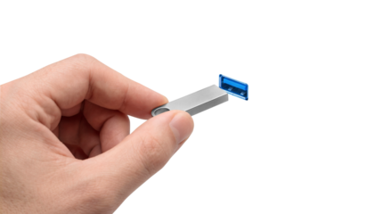 Male hand holding silver USB flash drive with blue cap removed isolated on transparent background