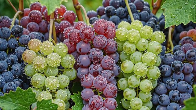 Assortment of vibrant, dew-kissed grape bunches in various hues, showcasing nature's rich palette and the promise of a bountiful harvest, perfect for winemaking or fresh consumption