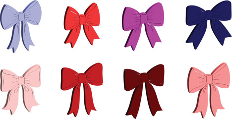 Collection of 8 Stylized 3D Gift Bow Icons in Various Shades of Pink Red and Purple, Modern Minimalist Decorative Ribbon Elements for Festive Holiday Celebrations and Gift Wrap Design AI Generative
