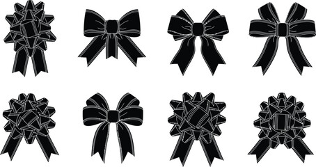 Collection of 8 High-Contrast Black Ribbon Bow Silhouettes with Elegant White Highlights, Minimalist Graphic Design Elements for Luxury Branding and Gift Decoration Isolated on Transparent Background 