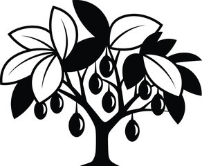 Detailed Black Olive Tree Silhouette with Lush Leaves and Hanging Fruits, Modern Minimalist Mediterranean Nature Graphic Isolated on Transparent Background for Logo and Branding AI Generative
